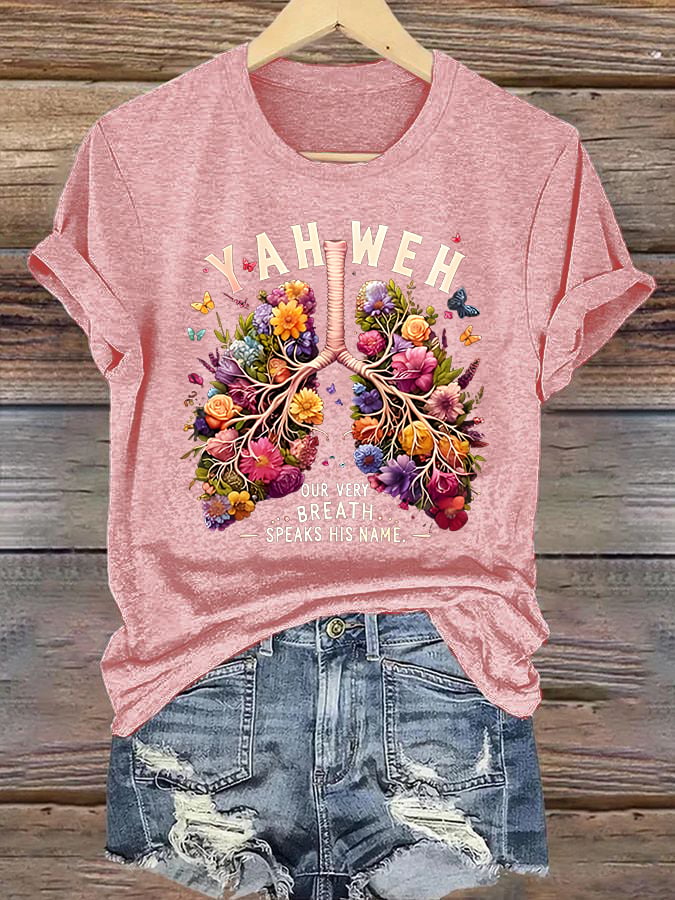 Women'S Casual Short-Sleeve T-Shirt With Lung Cancer Awareness Print "Every Breath Is Connected To Faith"