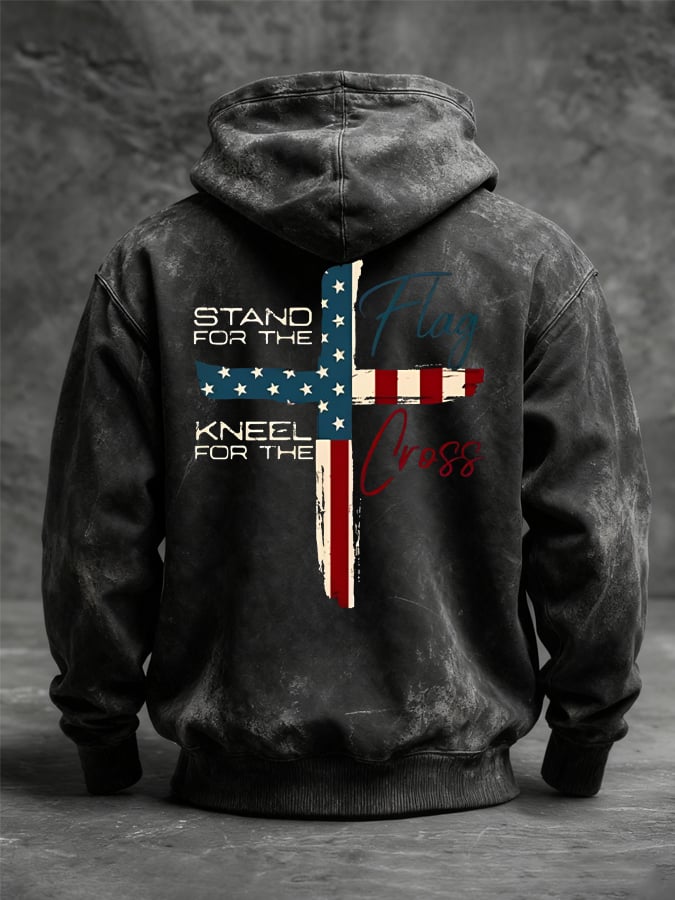Men's Stand For The Flag Kneel For The Cross Printed Casual Hoodie