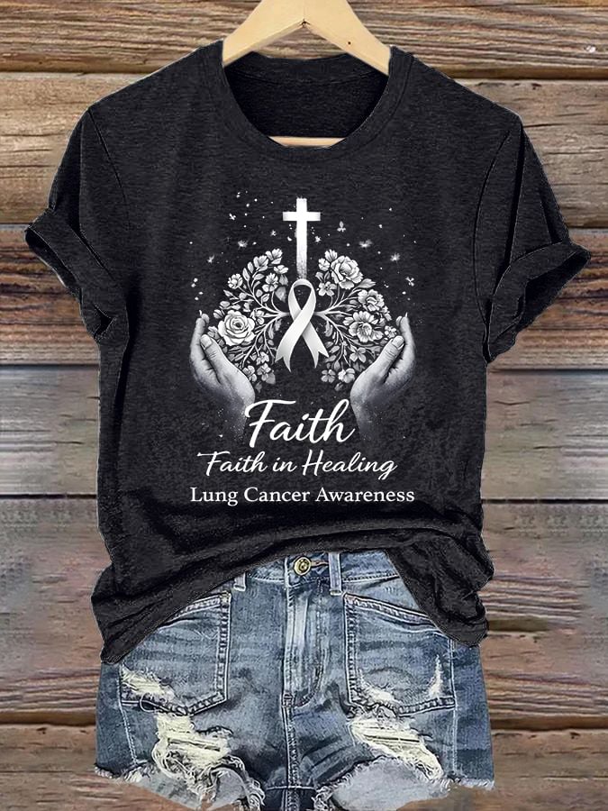 Women'S Casual Short-Sleeve T-Shirt With Lung Cancer Awareness Print "Faith In Healing"