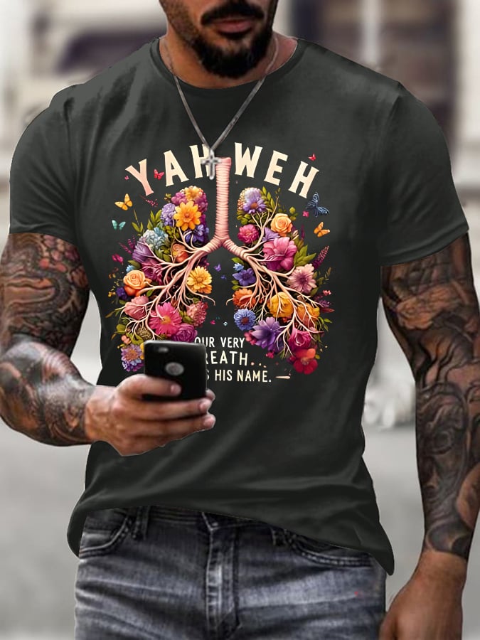 Men's Casual Short-Sleeve T-Shirt: "Every Breath Connected to Faith" Lung Cancer Awareness Print