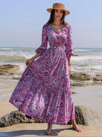 Women's Boho Floral Print Lantern Sleeve Dress, Fitted Waist Tie Design, Loose Fit Comfortable Casual Long Sleeve Dress for Fall Winter