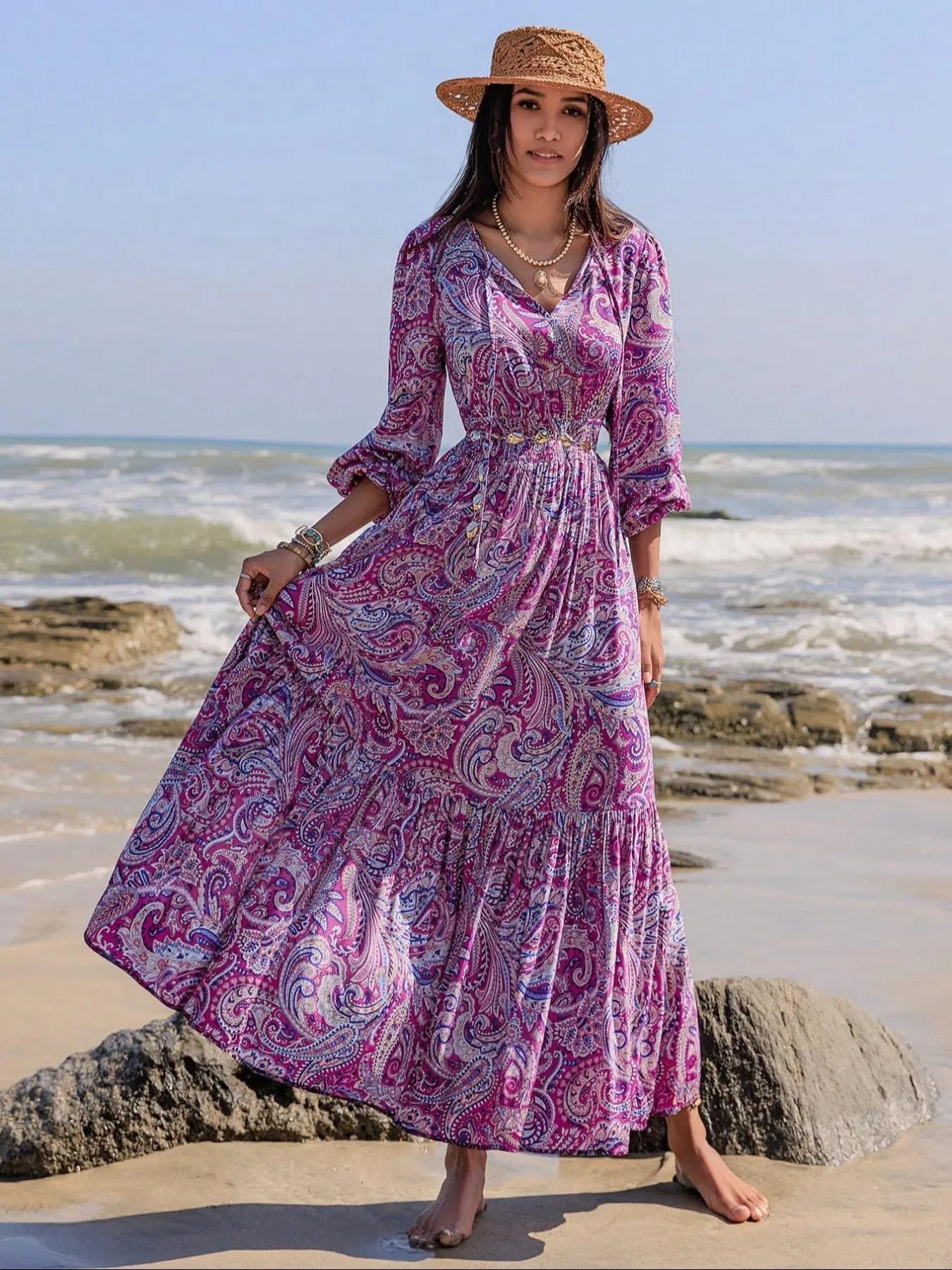 Robe bohème à imprimé floral pour femme, manches lanternes, taille ajustée à nouer, coupe ample confortable à manches longues pour l'automne et l'hiver