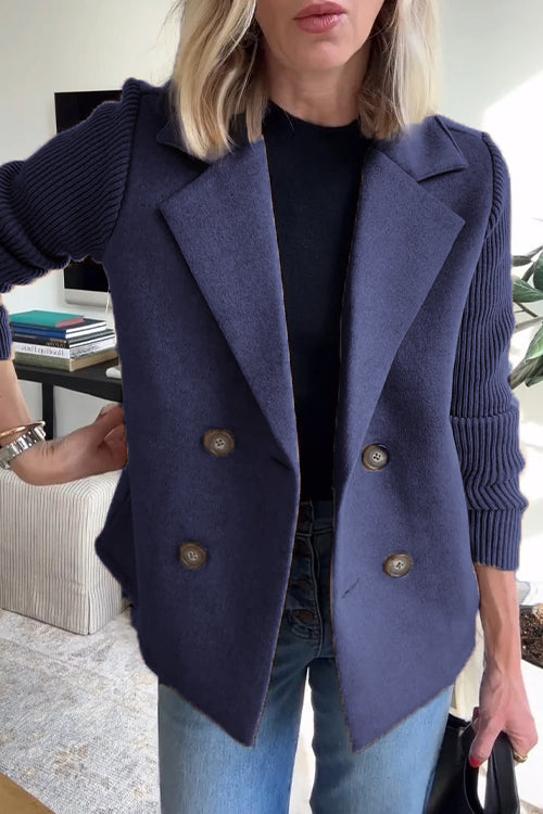 Manteau décontracté pour femme en tricot à patchwork et manches à revers boutonnés