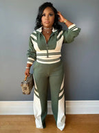 Ensemble deux pièces femme veste courte zippée à imprimé color block et pantalon, tenues décontractées, mode, confortables et respirantes pour le quotidien en extérieur, vêtements femme pour l'automne et l'hiver
