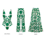 V Neck Green Printed Knotted at Waist Tummy Control One piece Swimsuit and Skirts or Pants