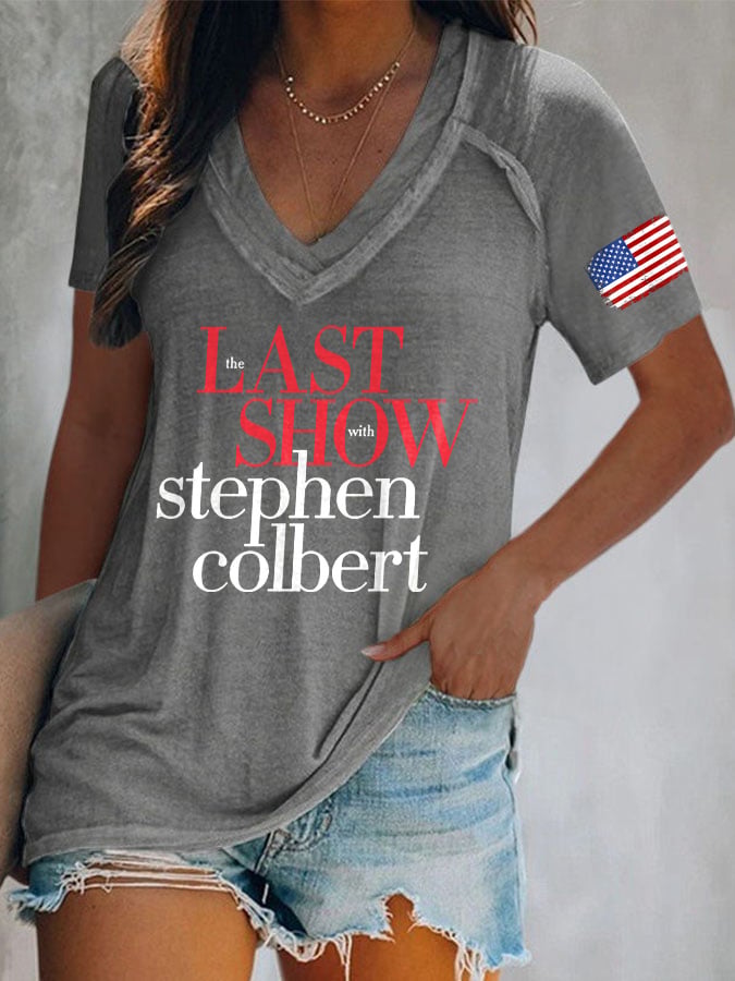 T-Shirt con scollo a V e stampa "Last Show" in stile rétro