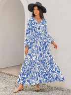Women's Boho Floral Print Lantern Sleeve Dress, Fitted Waist Tie Design, Loose Fit Comfortable Casual Long Sleeve Dress for Fall Winter