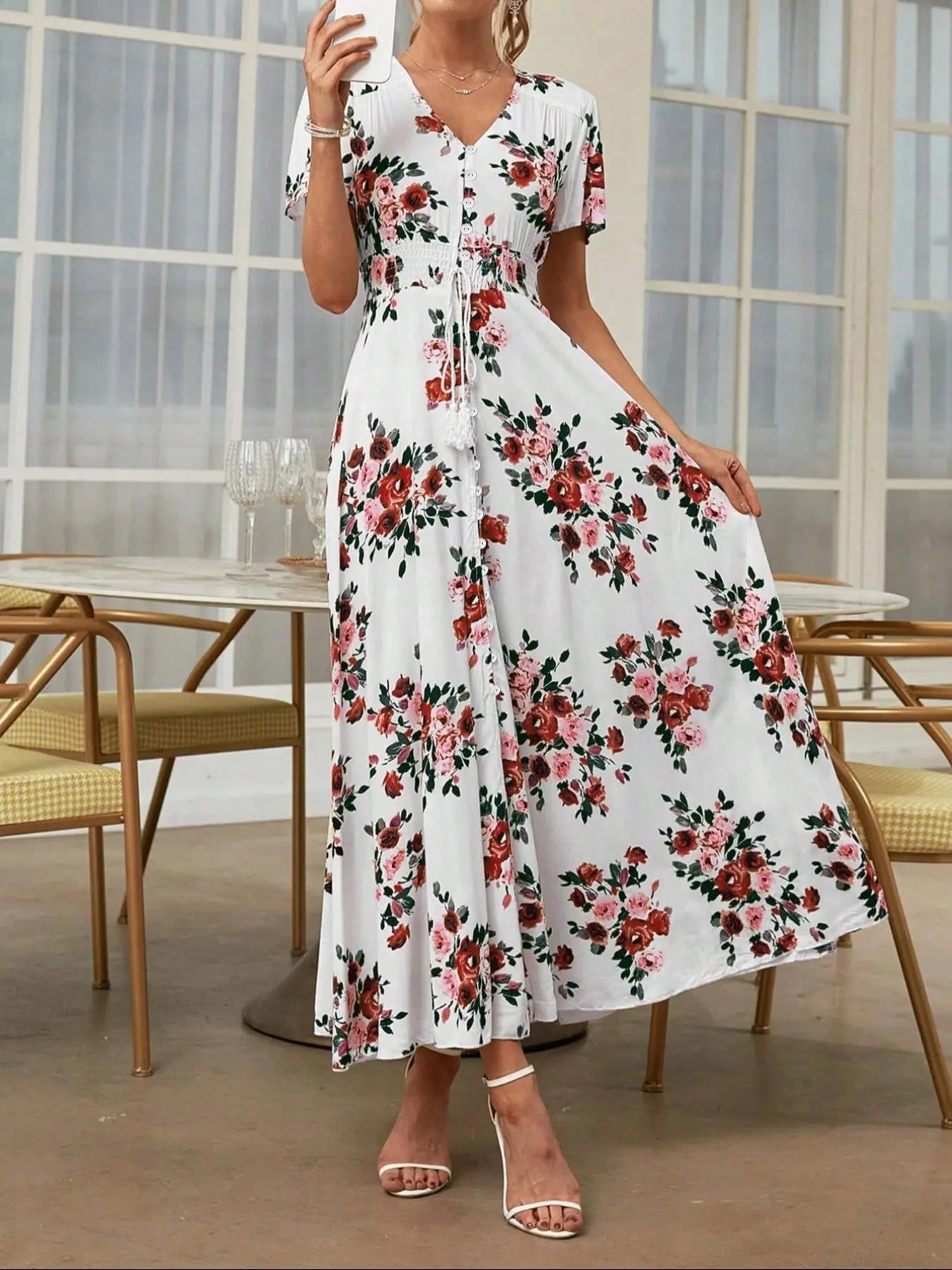 Vestito floreale con bottoni sul davanti da donna, vestito estivo a maniche corte in stile francese boho, abbigliamento da donna per vacanze al mare