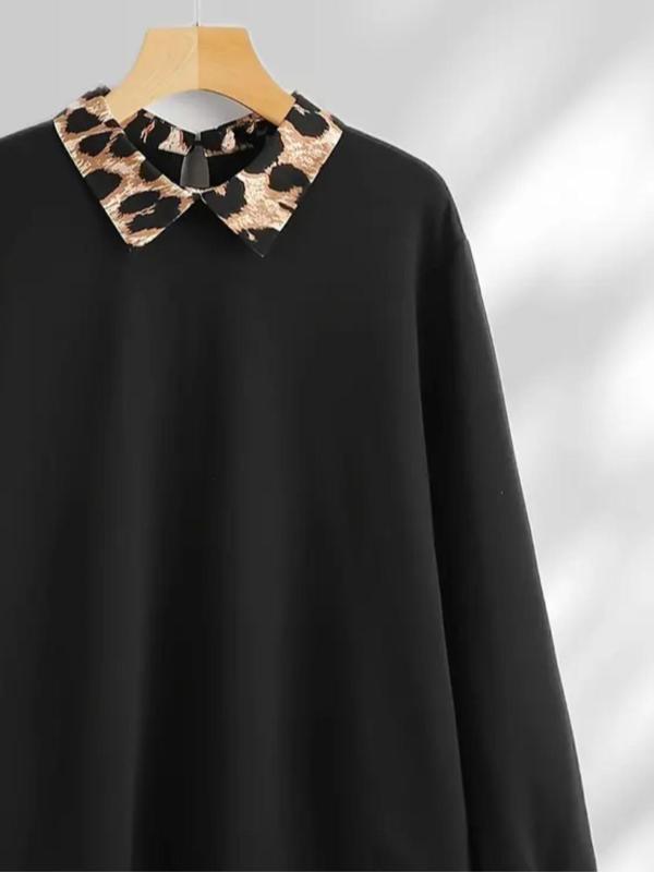 [Grande Taille] Sweat-shirt léopard à ourlet incurvé, sweat-shirt décontracté à manches longues pour l'automne et l'hiver, vêtements pour femmes pour un usage quotidien