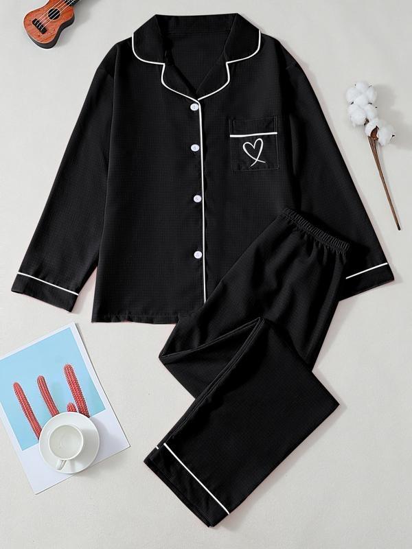 Ensemble de pyjama pour femme à revers de couleur unie, manches longues, broderie cœur, style décontracté, vêtement de nuit confortable, tenue d'intérieur