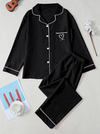 Ensemble de pyjama pour femme à revers de couleur unie, manches longues, broderie cœur, style décontracté, vêtement de nuit confortable, tenue d'intérieur