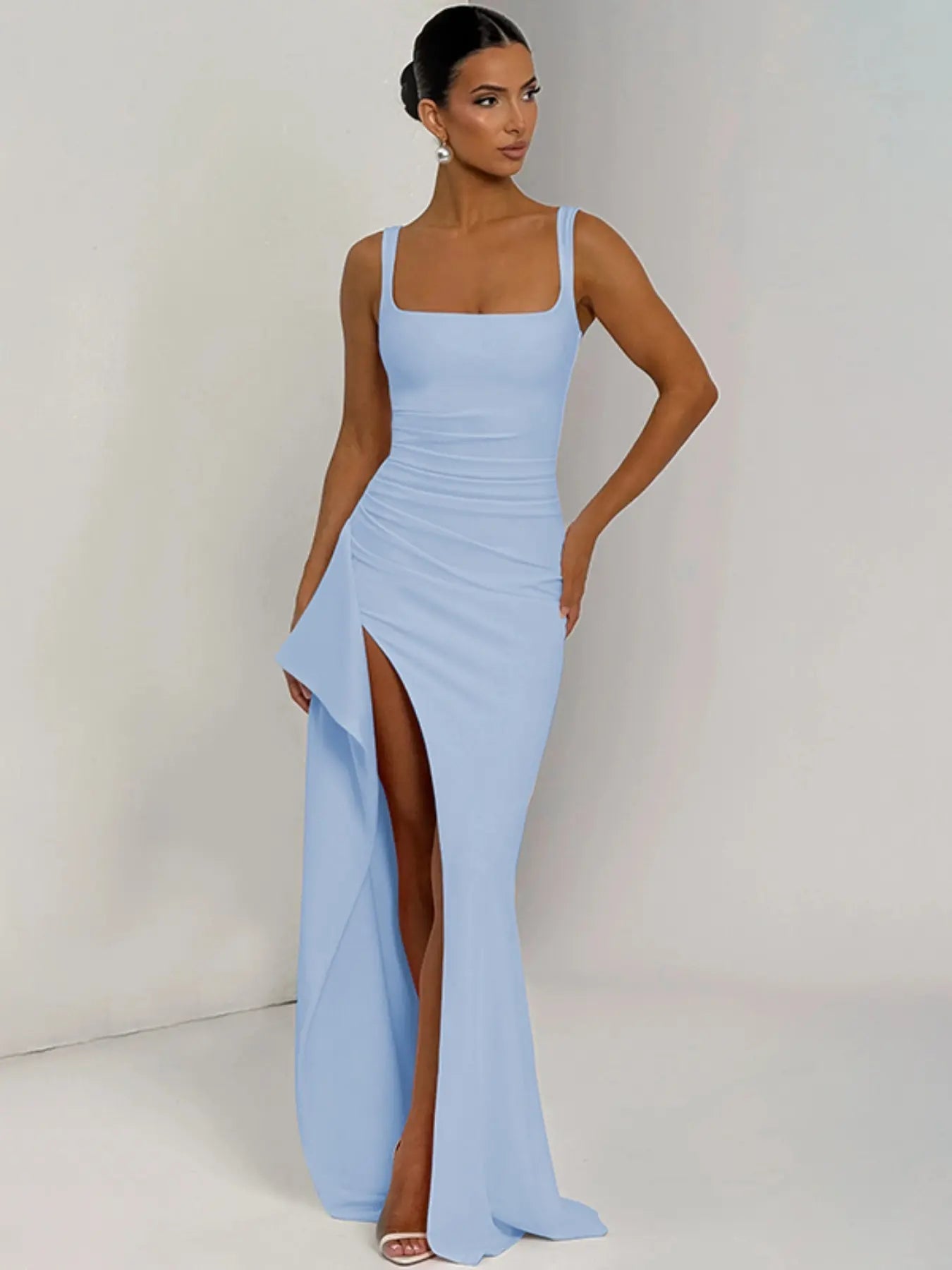 Abito da donna a tinta unita con spacco sulla coscia e senza schienale, elegante vestito sexy senza maniche per feste, club e appuntamenti, vestiti da donna per tutte le stagioni, abito sottoveste lungo fino al pavimento