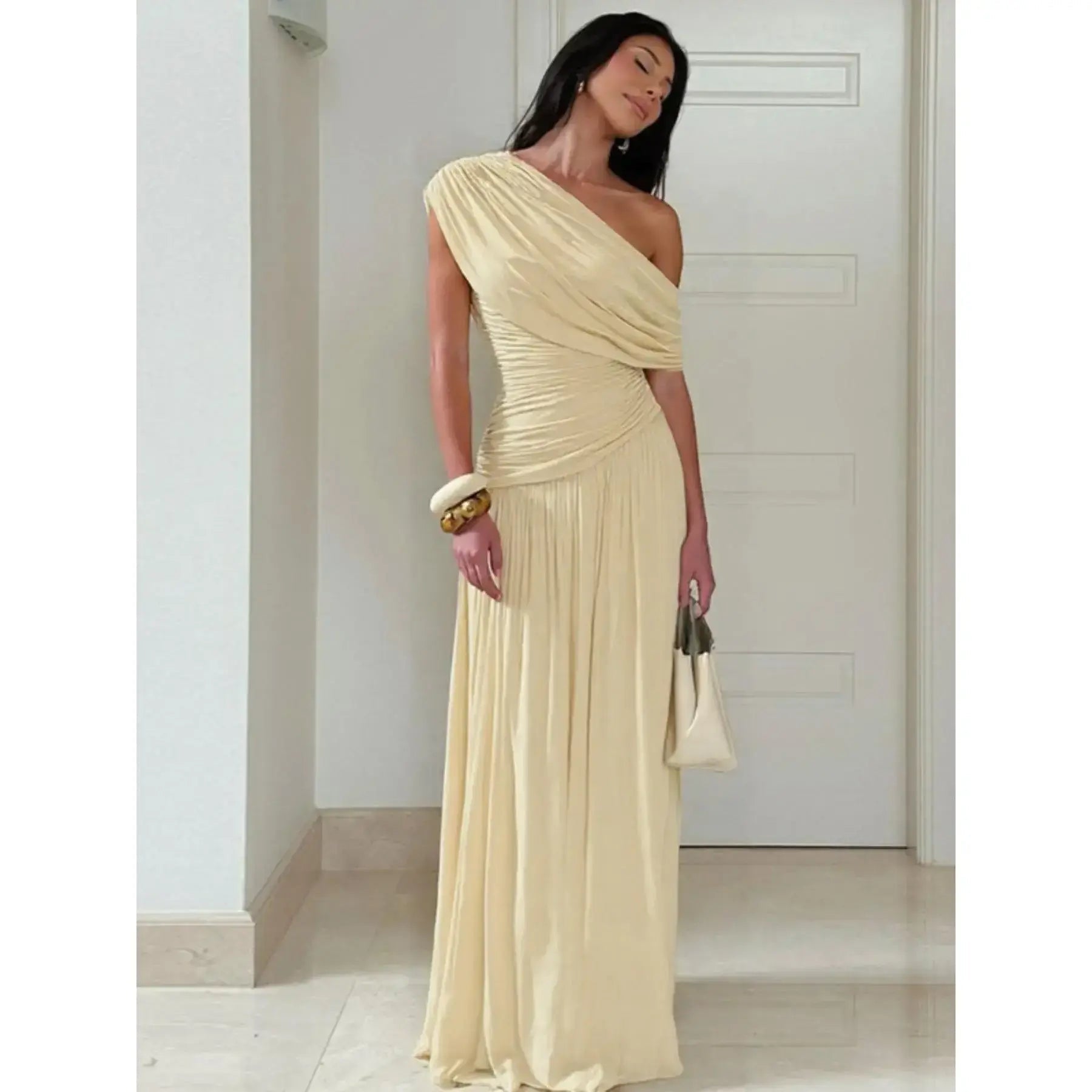 Abito da donna in tinta unita con arricciature, Abito elegante da sera per feste, Abito estivo da donna, Abito asimmetrico con arricciature