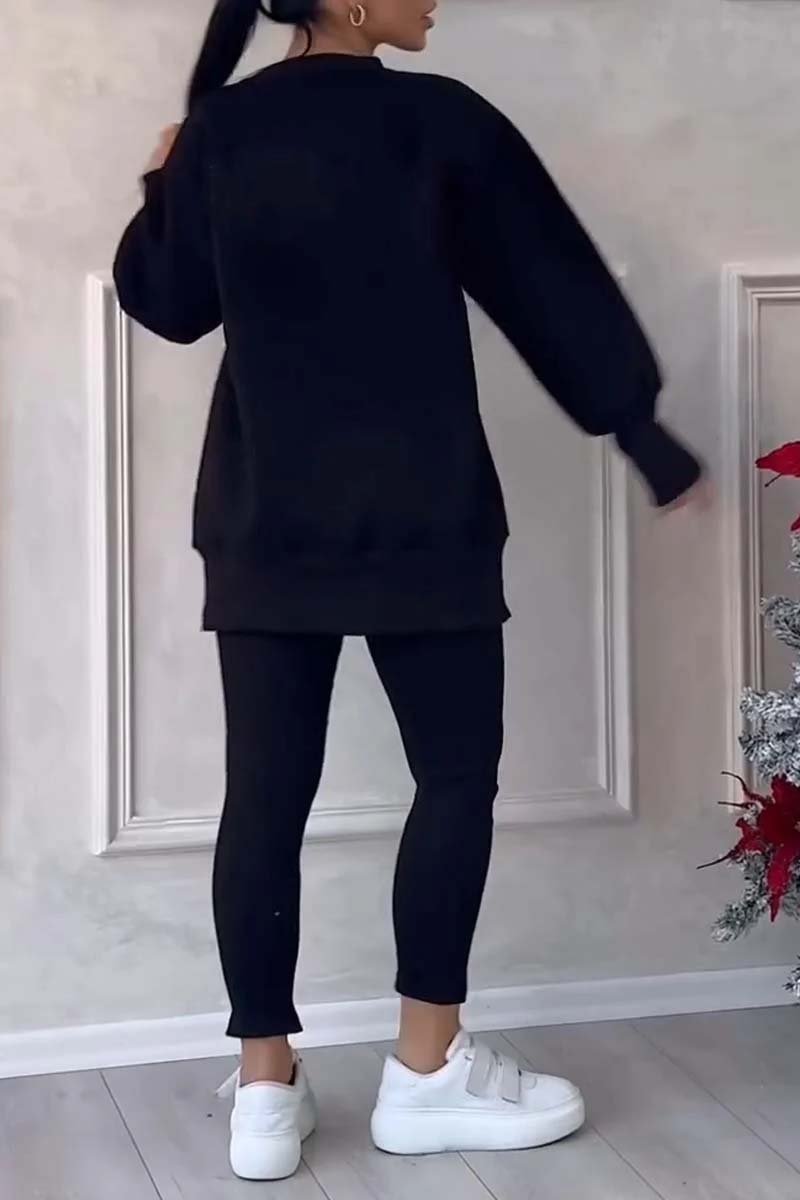 (NESSUNA STAMPA SUL RETRO) Completo da donna casual tinta unita girocollo manica lunga felpa con spacchi e leggings