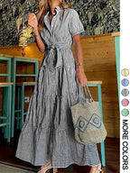 Abito da donna a righe con cintura, abito lungo elegante e casual per l'estate, abbigliamento da donna per l'uso quotidiano