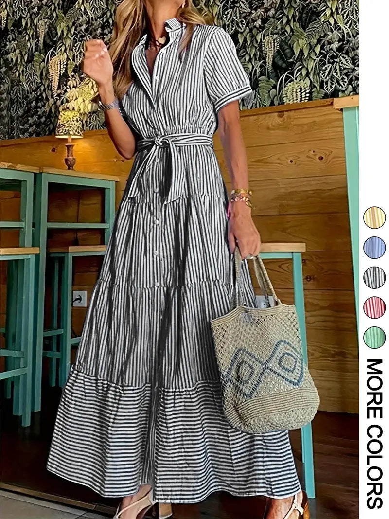 Robe longue décontractée et élégante pour femme avec ceinture imprimée à rayures, vêtements d'été pour femme, pour le quotidien