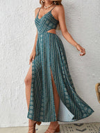 Robe moulante rayée bohème pour femme, fendue aux cuisses, dos nu à bretelles spaghetti, parfaite pour les vacances à la plage et superposer