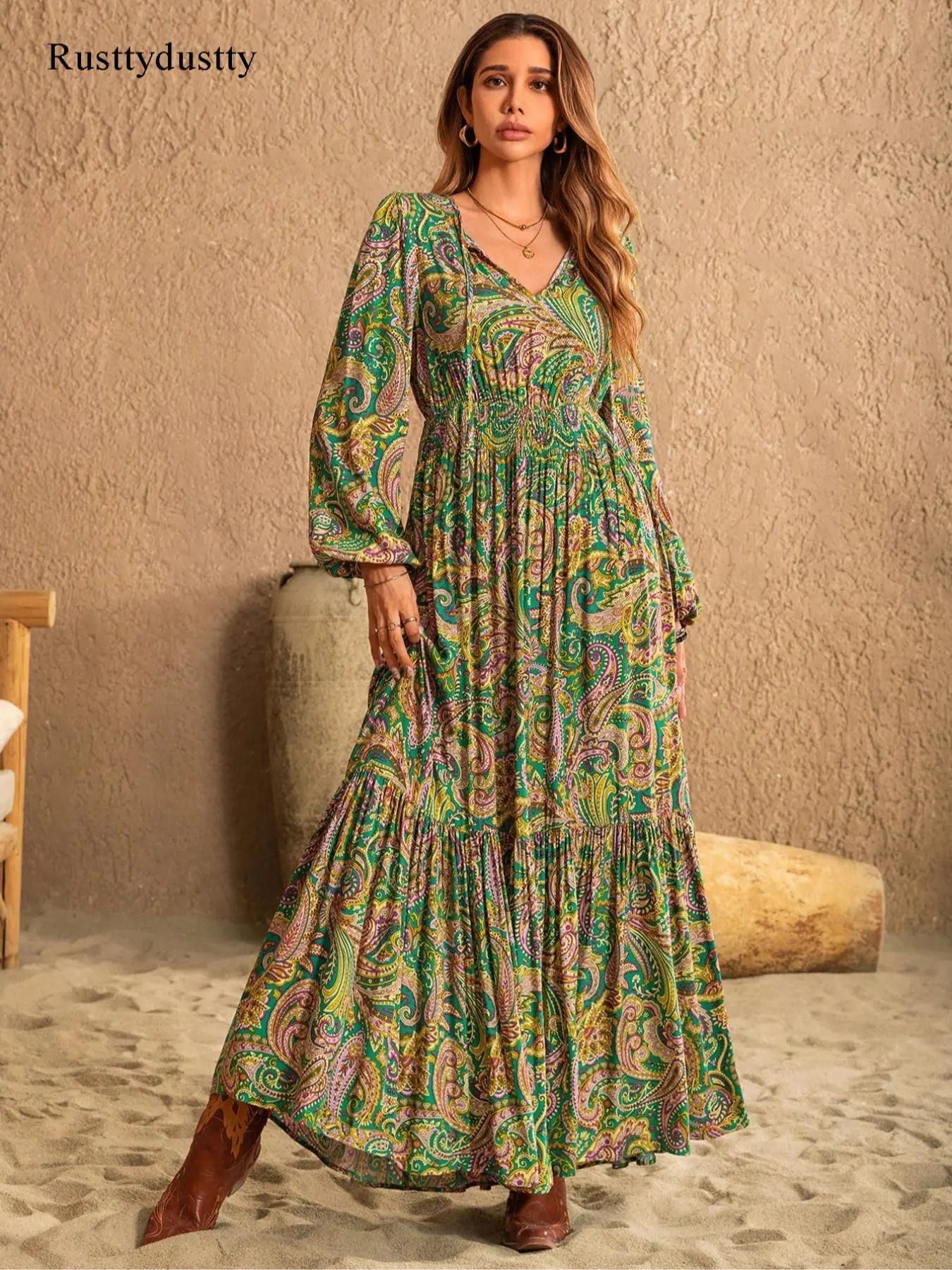 Robe longue tissée à manches longues pour femme style bohème, imprimé cachemire, taille ajustée, confortable, décontractée et élégante pour toutes les saisons, parfaite pour la plage