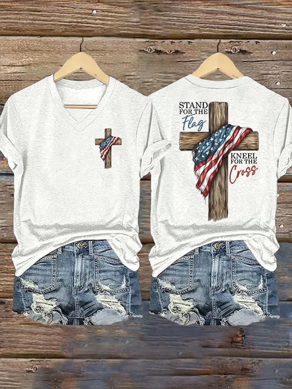 T-shirt casual da donna stampata con scritta "Stand For The Flag Kneel For The Cross"