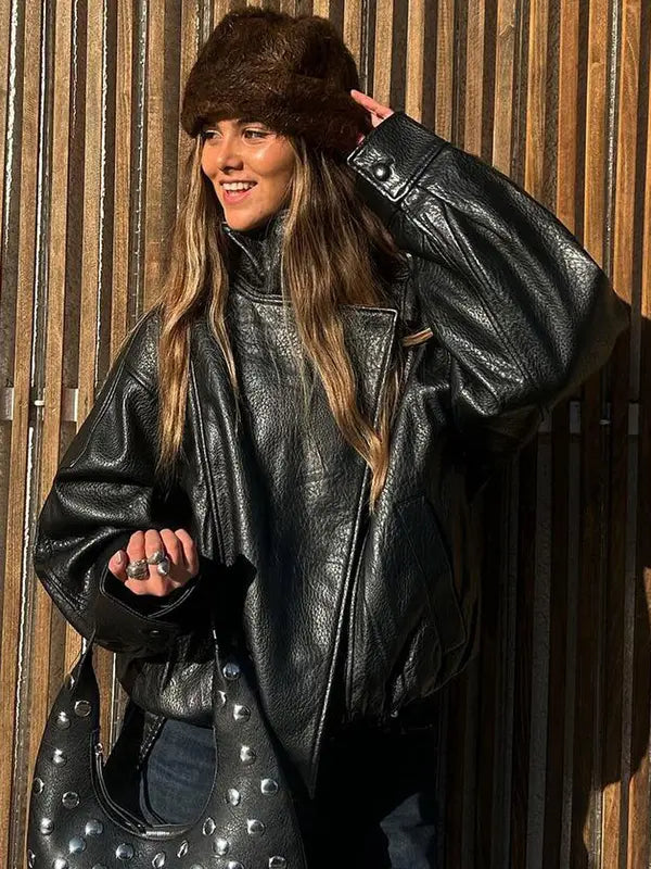 Giacca in Ecopelle Nera Collo Coreana Oversize Stile Moto Biker Orlo Elasticizzato Streetwear Casual Maniche Lunghe Impermeabile Antivento Capispalla per Primavera & Autunno, Abbigliamento Donna per Tutti i Giorni
