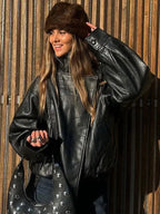 Giacca in Ecopelle Nera Collo Coreana Oversize Stile Moto Biker Orlo Elasticizzato Streetwear Casual Maniche Lunghe Impermeabile Antivento Capispalla per Primavera & Autunno, Abbigliamento Donna per Tutti i Giorni