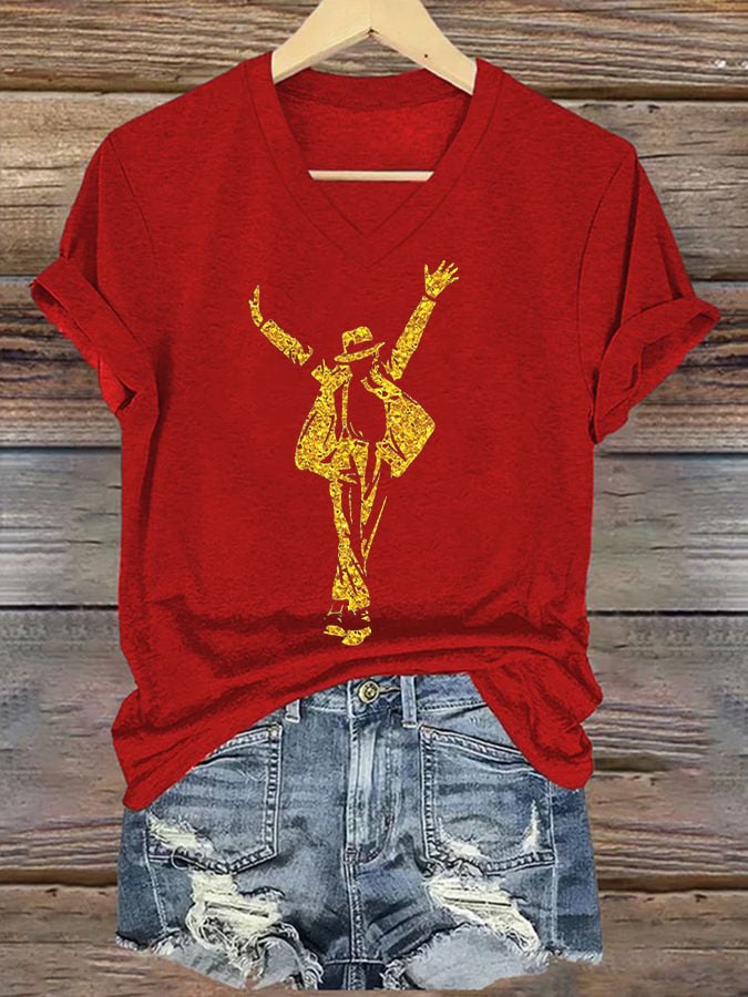 T-shirt scollo a V stampa artistica superstar da donna