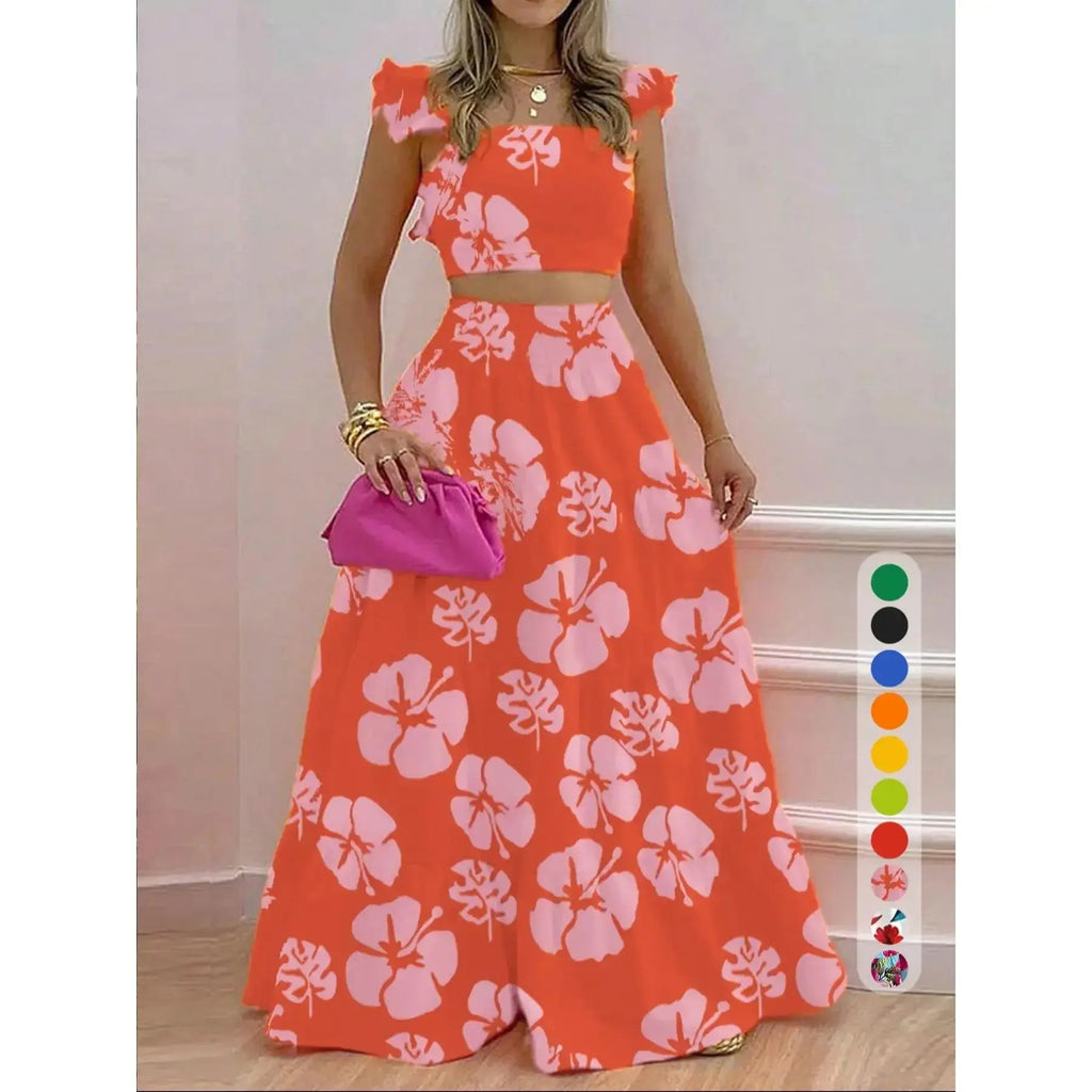 Ensemble deux pièces jupe longue et haut froncé couleur unie / imprimé floral pour femme, tenue décontractée bohème haut et jupe pour les vacances quotidiennes, pour femmes, pour l'été