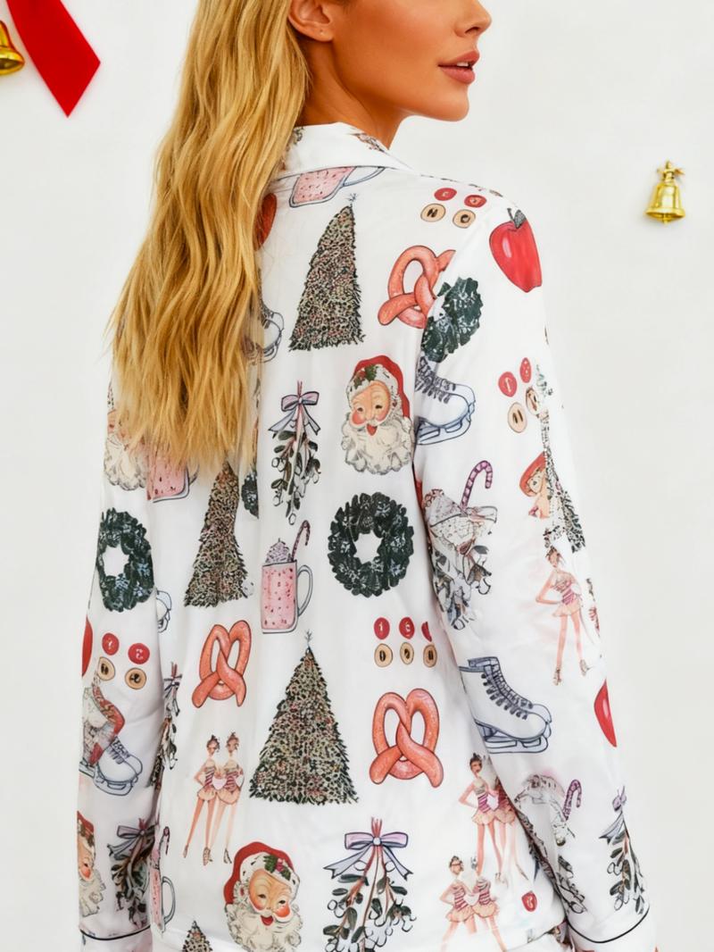 Pyjama de Noël pour femme, ensemble chemise de nuit à revers boutonnée à manches longues et pantalon ample confortable, vêtements de nuit décontractés imprimés sur toute la surface