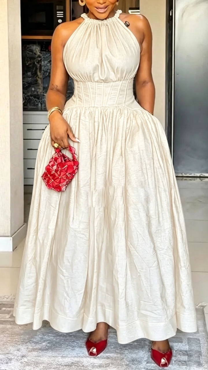 Robe élégante sans manches à col rond et taille cintrée pour femme