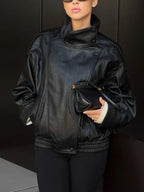 Giacca in Ecopelle Nera Collo Coreana Oversize Stile Moto Biker Orlo Elasticizzato Streetwear Casual Maniche Lunghe Impermeabile Antivento Capispalla per Primavera & Autunno, Abbigliamento Donna per Tutti i Giorni