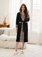 Peignoir thermique doublé imprimé léopard pour femme, robe longue décontractée douce et confortable à manches longues avec ceinture, vêtements de nuit pour femme pour l'automne et l'hiver