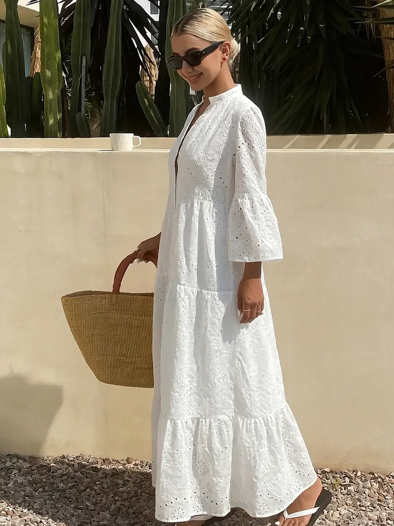robe tunique évasée à manches en vogue de couleur blanche pour femme, avec un style français élégant