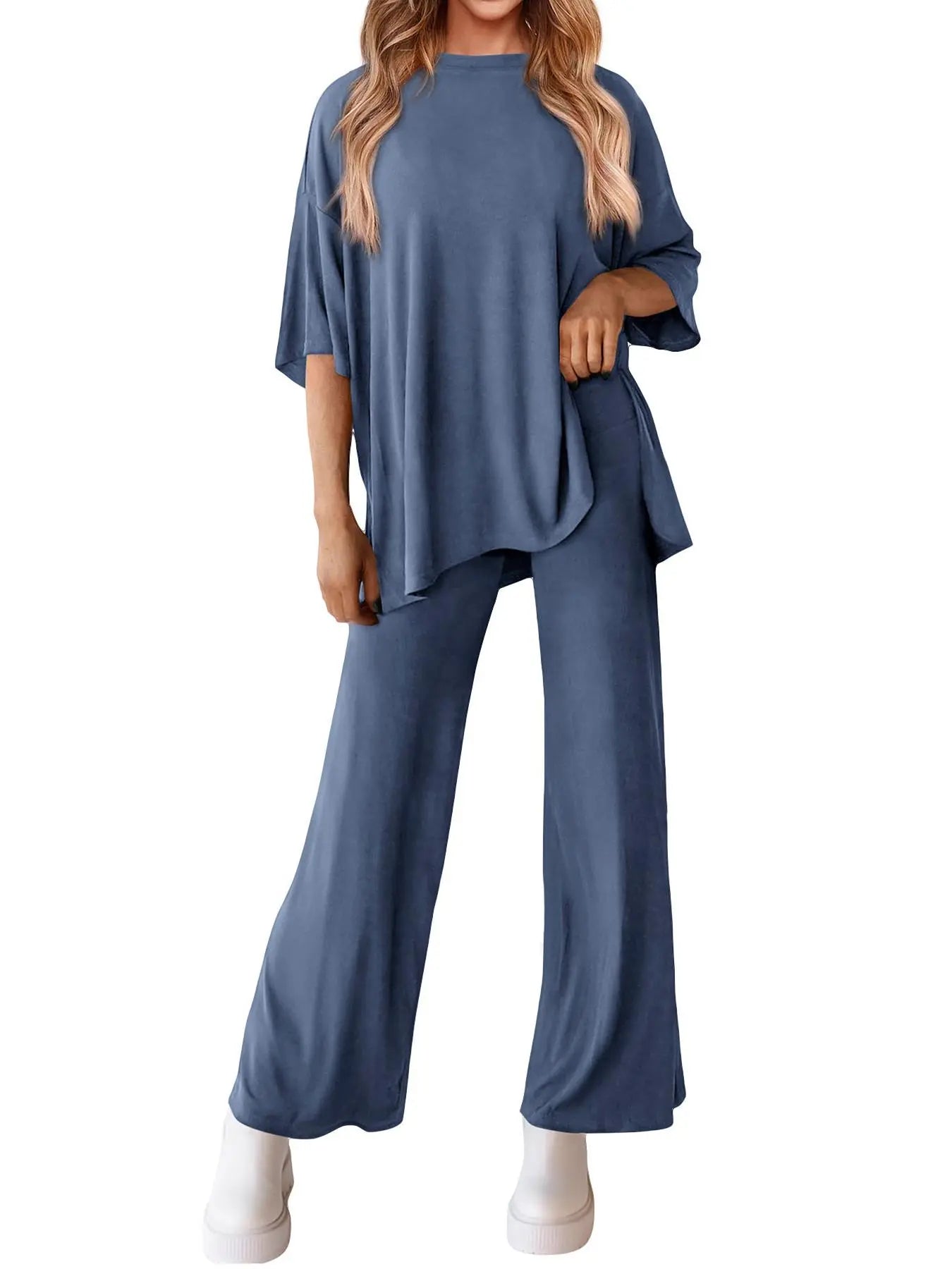 Ensemble deux pièces T-shirt uni à épaules tombantes et pantalon à taille élastique pour femme