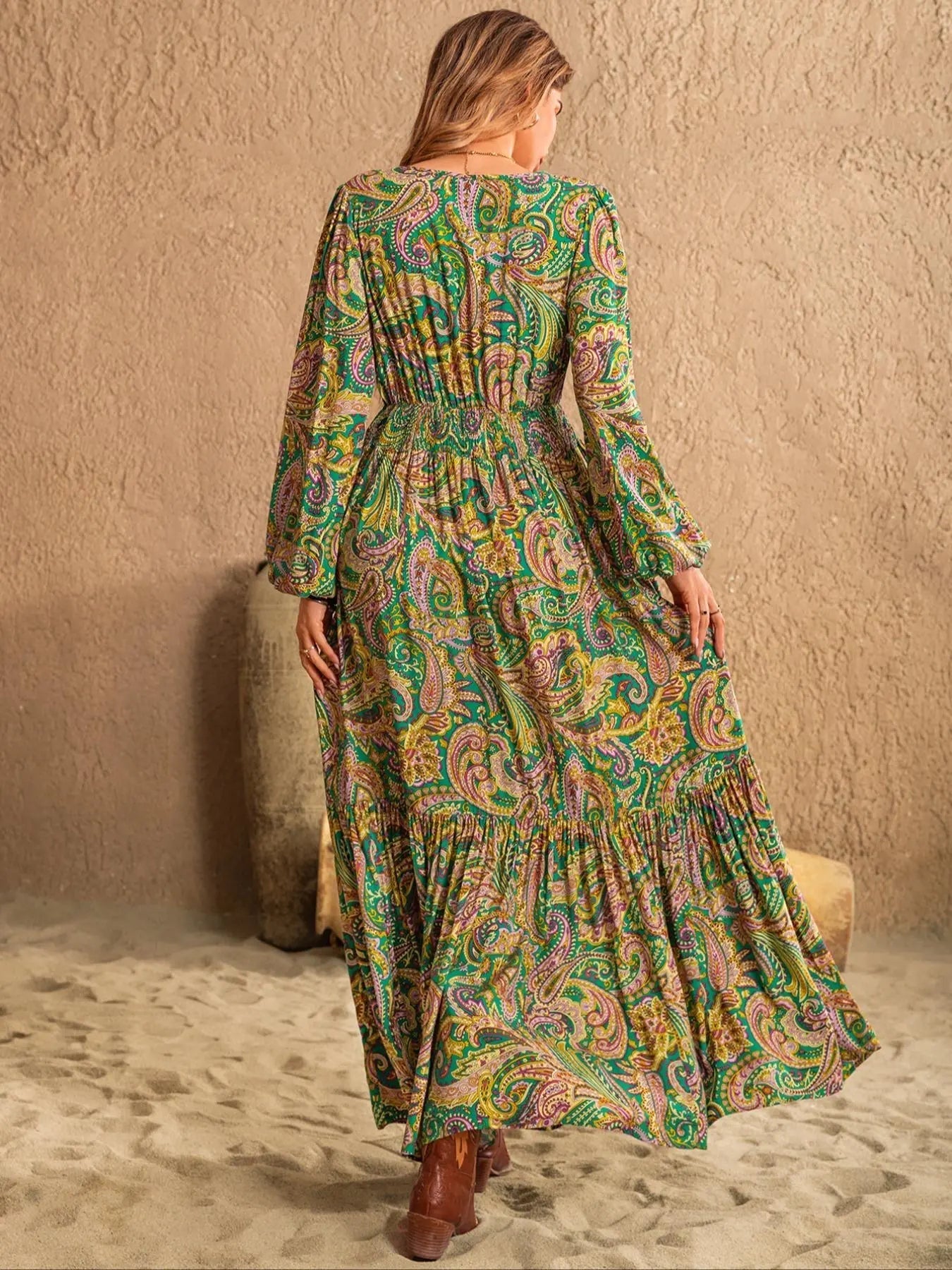 Robe longue tissée à manches longues pour femme style bohème, imprimé cachemire, taille ajustée, confortable, décontractée et élégante pour toutes les saisons, parfaite pour la plage