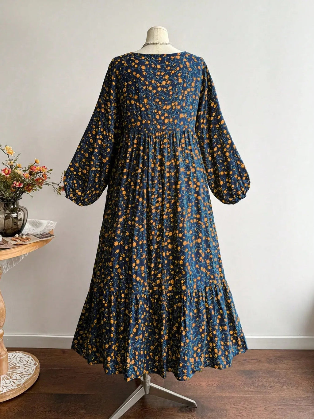 Abito Lungo Floreale da Donna Taglie Forti, Abito Lungo con Scollo a V e Lacci sul Retro e Bordo in Pizzo a Maniche Lunghe per Autunno Inverno, Elegante e Casual