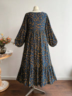 Abito Lungo Floreale da Donna Taglie Forti, Abito Lungo con Scollo a V e Lacci sul Retro e Bordo in Pizzo a Maniche Lunghe per Autunno Inverno, Elegante e Casual