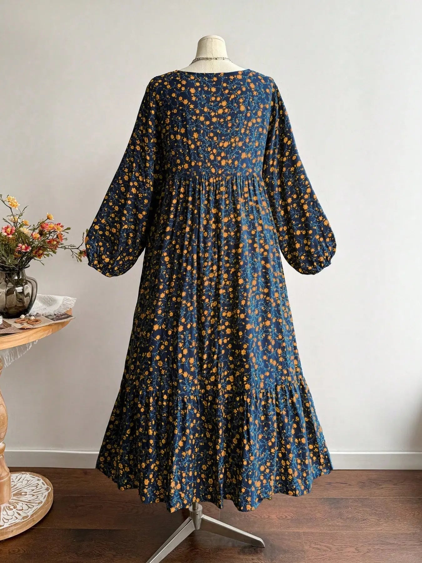 Robe longue à fleurs tissée pour femme grande taille, robe maxi à manches longues, col en V, dos noué, bordée de dentelle, pour l'automne et l'hiver, style décontracté et élégant