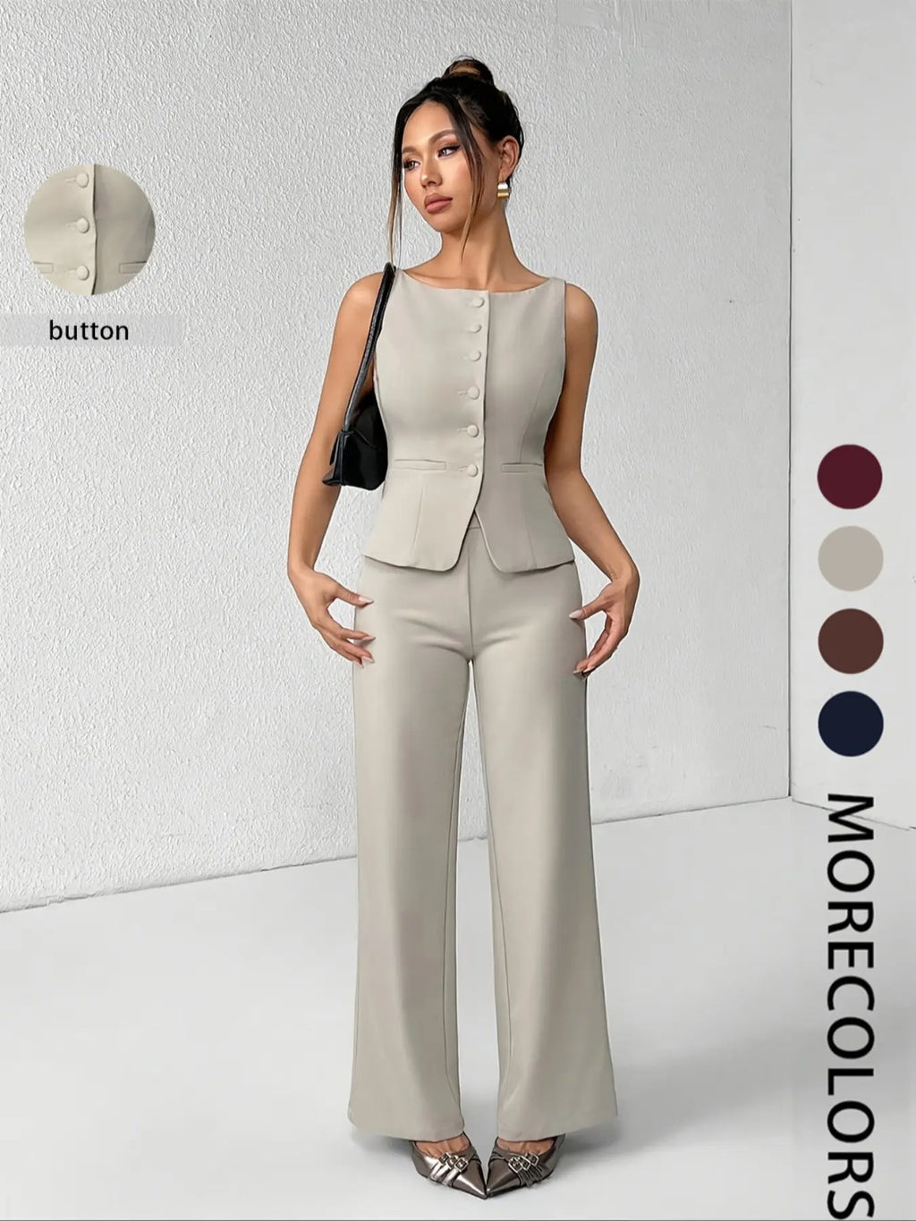 Ensemble deux pièces minimaliste et chic pour femme, composé d'un débardeur sans manches uni boutonné et d'un pantalon large, idéal pour l'été, le quotidien, le bureau, les tenues d'entreprise et les ensembles décontractés assortis.
