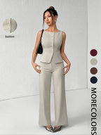 Ensemble deux pièces minimaliste et chic pour femme, composé d'un débardeur sans manches uni boutonné et d'un pantalon large, idéal pour l'été, le quotidien, le bureau, les tenues d'entreprise et les ensembles décontractés assortis.