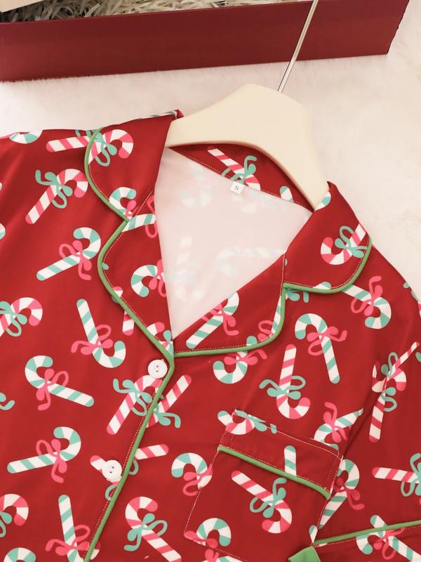 Completo pigiama da donna di 2 pezzi, pantaloncini a maniche corte, con stampa a bastoncino di zucchero natalizio, bottoni, colletto, fiocchi, adatto per un abbigliamento comodo e casual in casa per tutte le stagioni