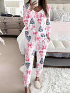Completo casual da donna con stampa natalizia, top a maniche lunghe con scollo a V e pantaloni con cintura, pigiameria e abbigliamento da casa da donna, moda primavera e autunno