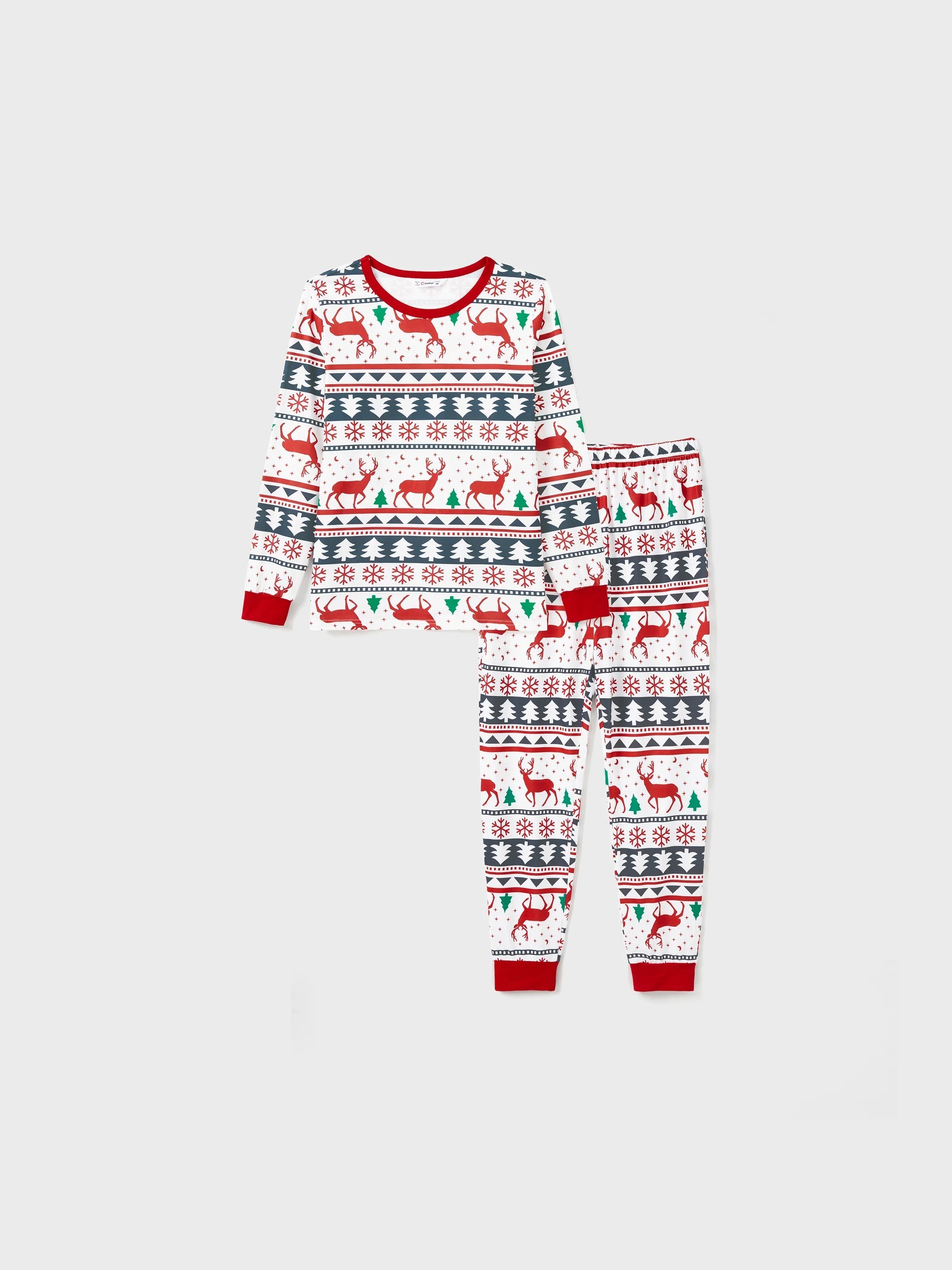 Pyjamas de Noël pour la famille, motif rennes, manches longues avec chaussettes de Noël (Sécurité certifiée SGS) Rouge et blanc