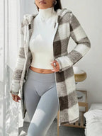 Sweat à capuche zippé en plaid et bordure duveteuse pour femme, décontracté automne/hiver