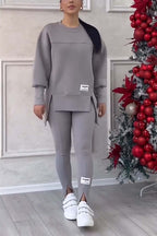 (NESSUNA STAMPA SUL RETRO) Completo da donna casual tinta unita girocollo manica lunga felpa con spacchi e leggings