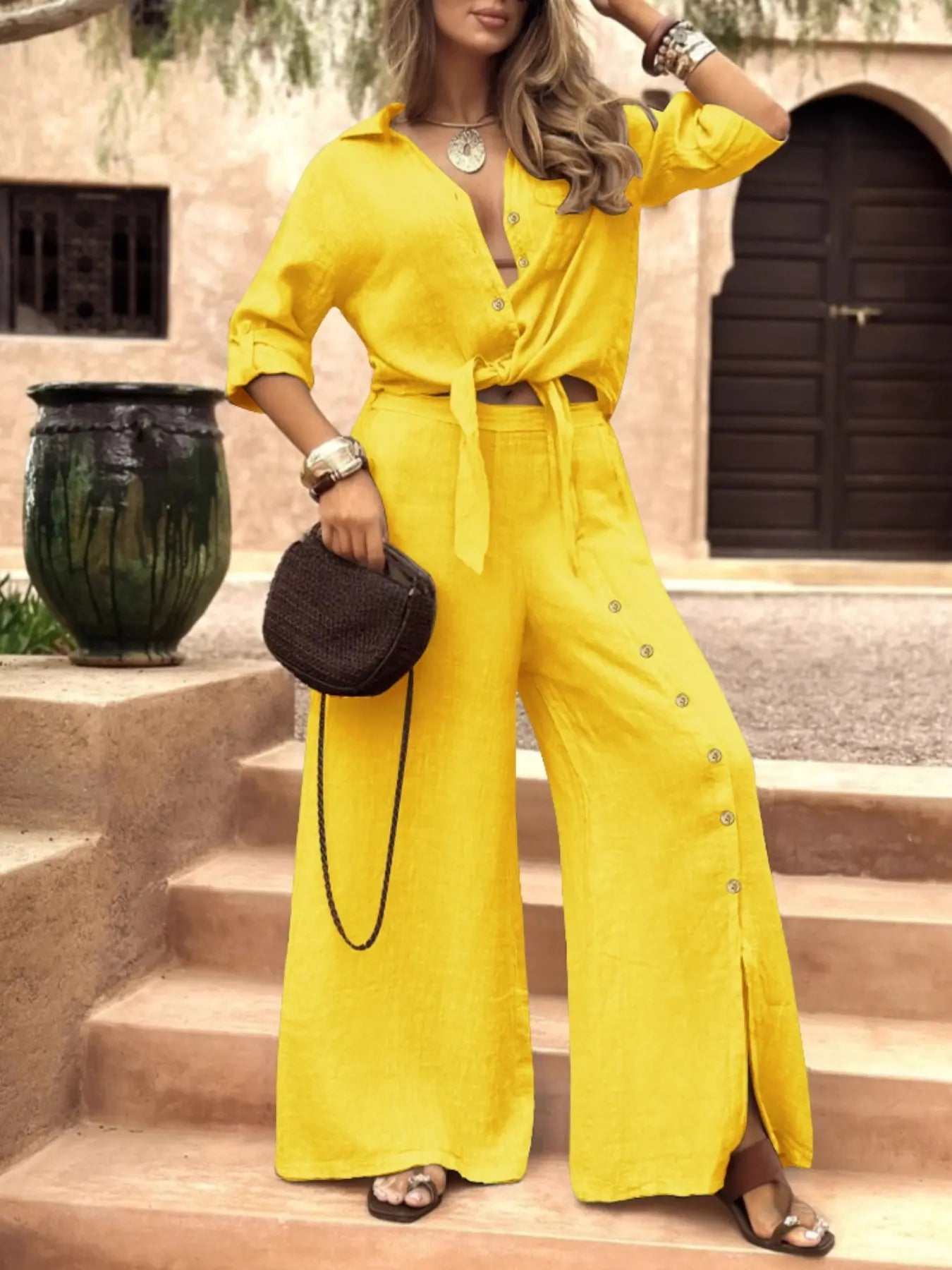 Ensemble chemise ample à manches longues pour femme avec ourlet à nouer, pantalon large décoré d'un seul bouton, tenue décontractée toutes saisons