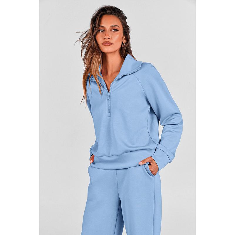 Ensemble de survêtement décontracté 2 pièces pour femme - Sweat-shirt à demi-zip et pantalon large avec cordon de serrage - Haut et pantalon de survêtement assortis pour le confort