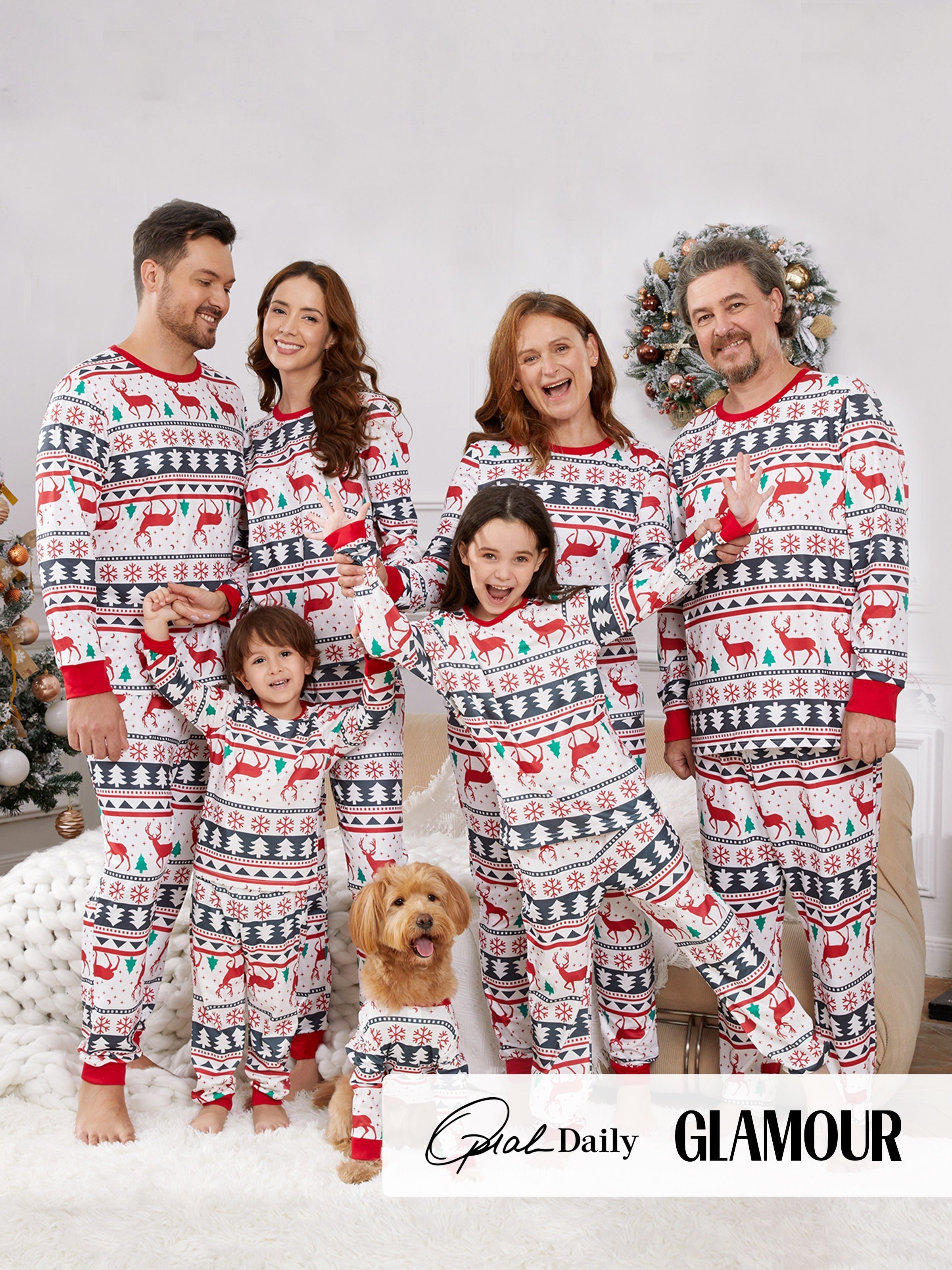 Pyjamas de Noël pour la famille, motif rennes, manches longues avec chaussettes de Noël (Sécurité certifiée SGS) Rouge et blanc