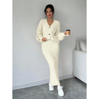 Set due pezzi da donna, maglione e gonna lunga a tinta unita con bottoni, top casual a maniche lunghe con spalle scese in maglia e gonna a vita alta per l'uso quotidiano all'aperto, maglieria da donna per l'autunno e l'inverno