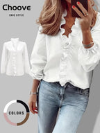 Chemisier élégant à col en V pour femme avec volants, chemise tissée ample pour toutes les saisons, haut décontracté uni pour le bureau