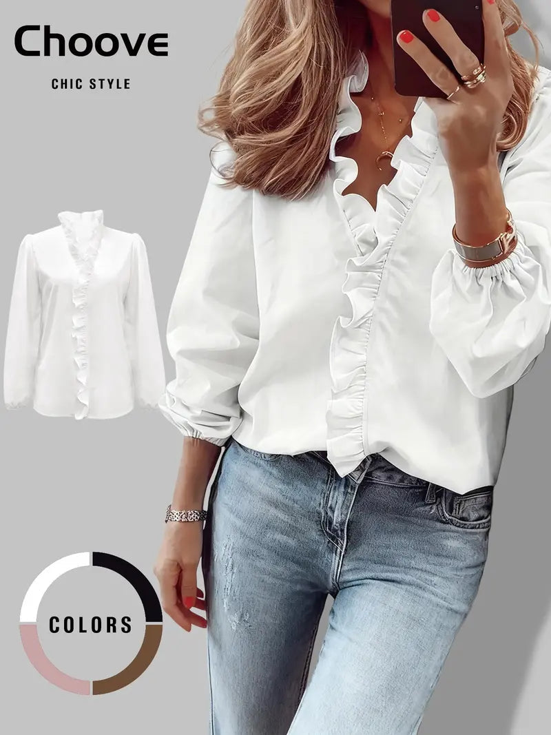 Chemisier élégant à col en V pour femme avec volants, chemise tissée ample pour toutes les saisons, haut décontracté uni pour le bureau